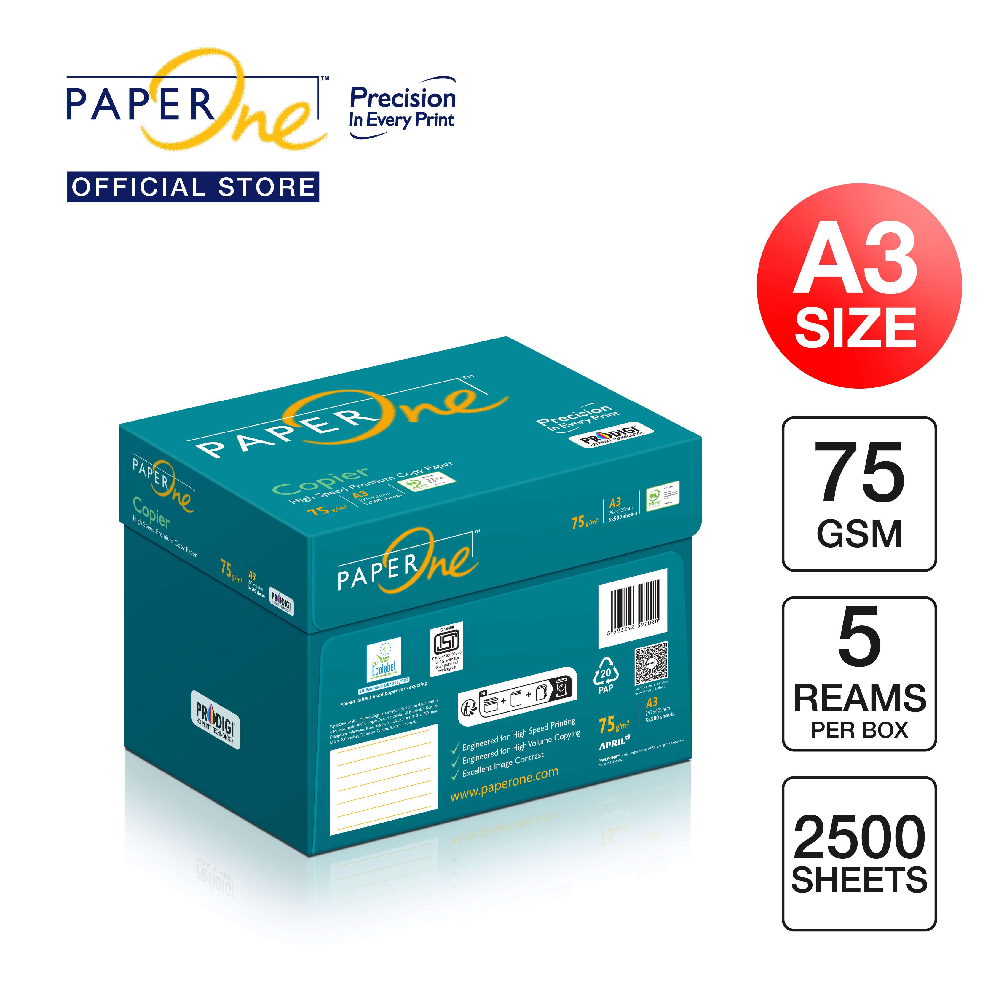 PaperOne Kertas A3 75gr Copier 1 Box (2500 lembar) Kertas HVS