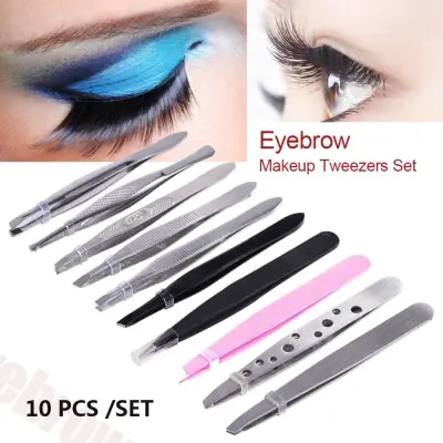 10 PCS/Set Stainless Steel Eyebrow Tweezers Hair Pluckers Clip Eyebrow Trimmer Eyelash Extension Clip Makeup Beauty Tools