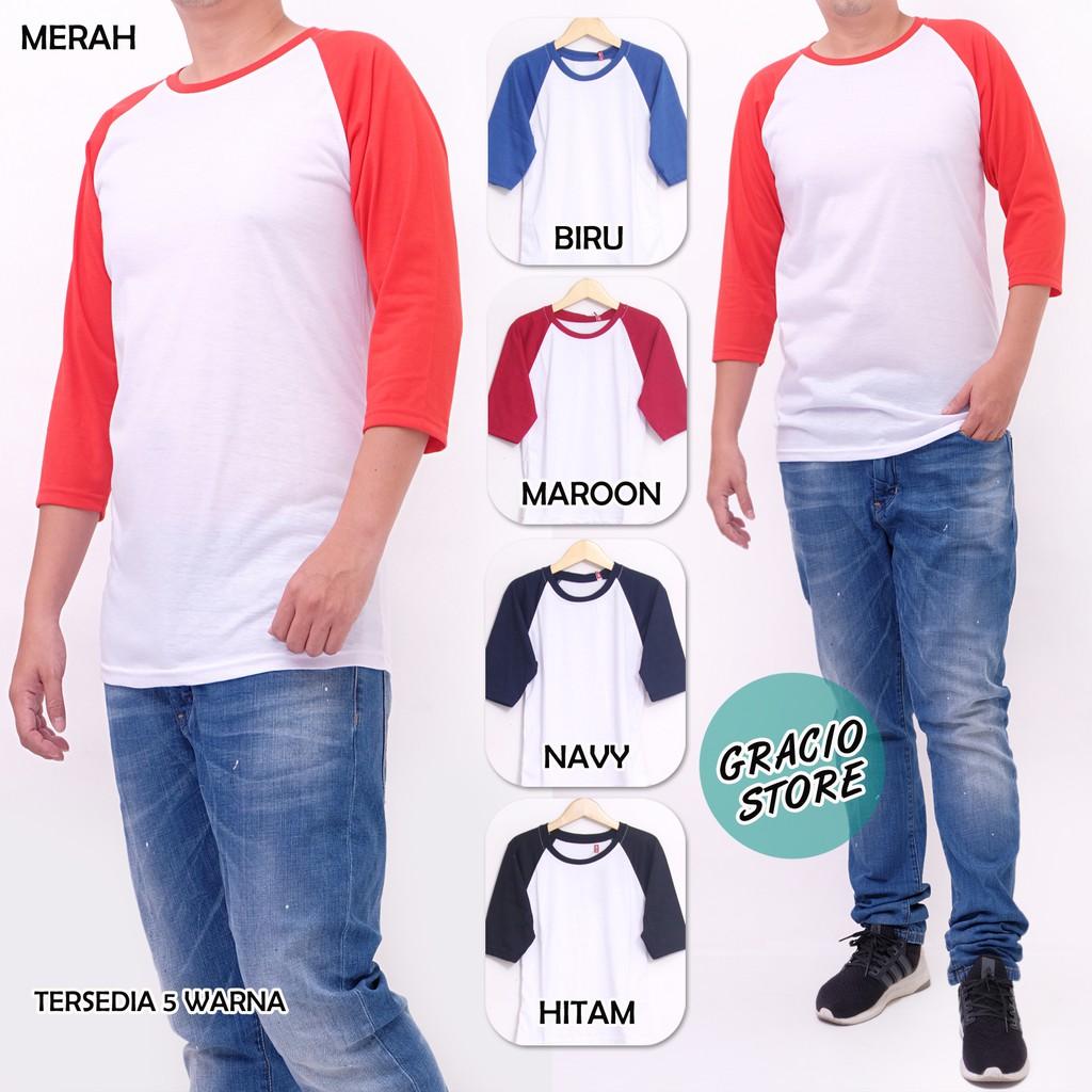 GracioStore Raglan 3/4, Reglan Pria , Reglan Cowok , Reglan Polos, Kaos reglan3/4 M Putih Biru () (3/4 M Putih Biru)