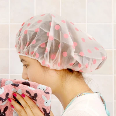 【Ready】Fashion Wave Point Waterproof Shower Cap Dot Bath Hair Cover Hat Cap Protect hair Shower cap bathroom supplies