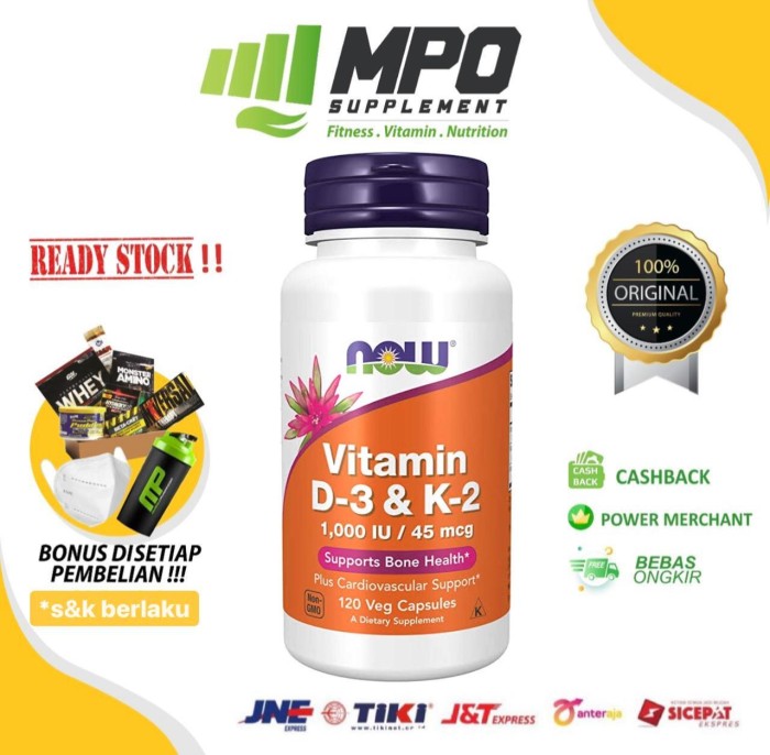 now foods vitamin d3 k2 1000 iu 45 mcg (120 caps) d3 k2 1000iu 45mcg (B1B5) vitamin d3 untuk