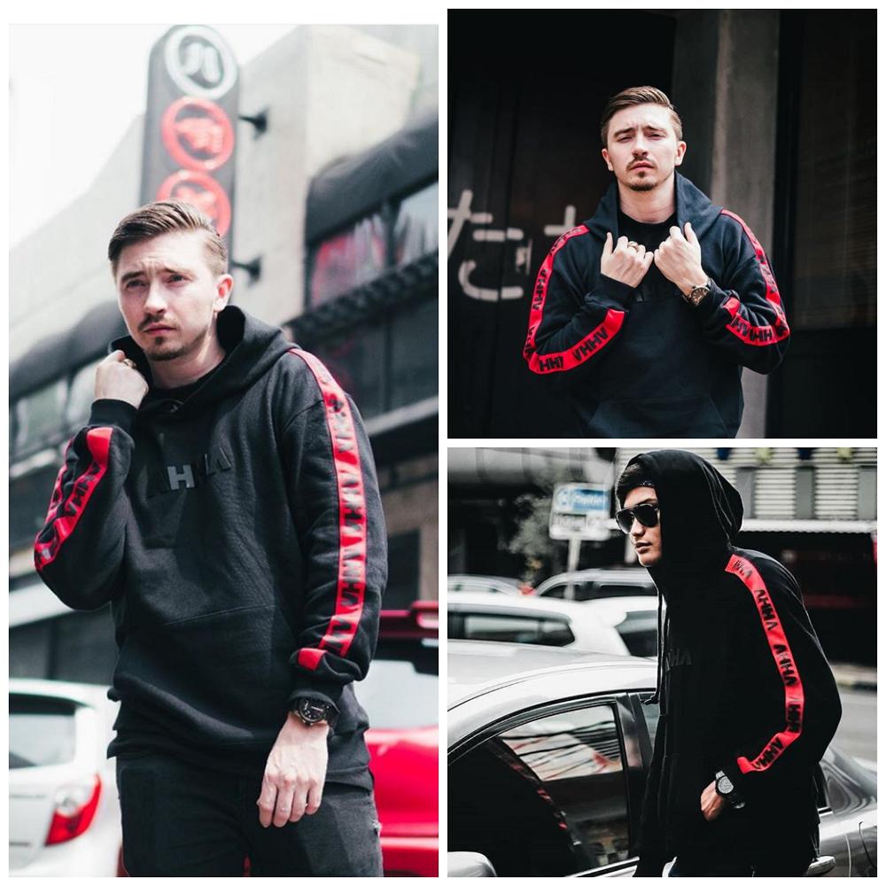 Jaket sweater Hoodie AHHA Distro terlaris pria wanita termurah hitam black strip list merah