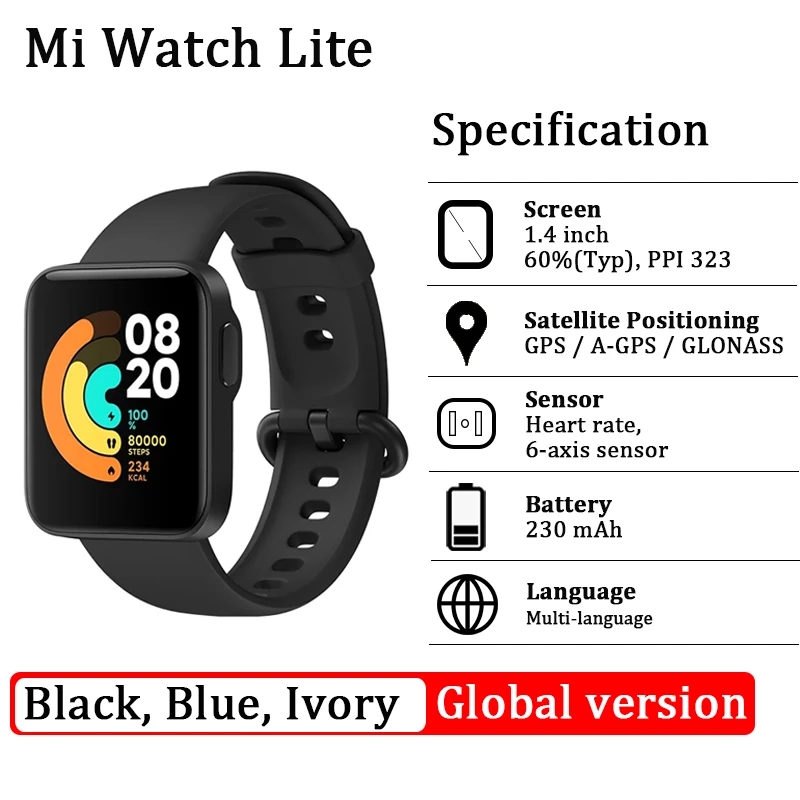 Xiaomi Mi Watch Lite Bluetooth GPS 5ATM Waterproof Smart Watch Global  Version