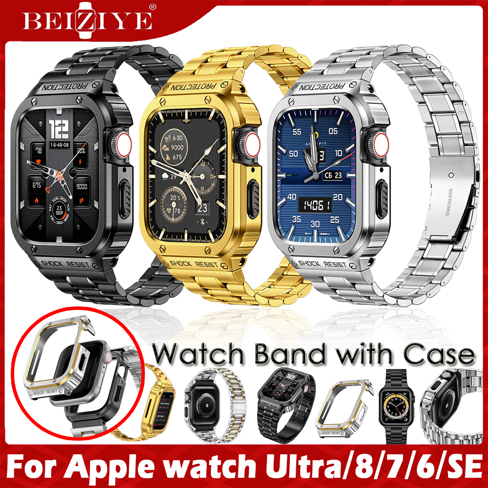 Tương thích cho Apple Watch ultra 49mm Series 8 7 6 5 4 SE Dây đeo dây đeo 44mm 45mm Dây đeo đồng hồ bằng thép không gỉ với Vỏ bọc Dây đeo chắc chắn với Nắp cản bảo vệ bằng kim loại