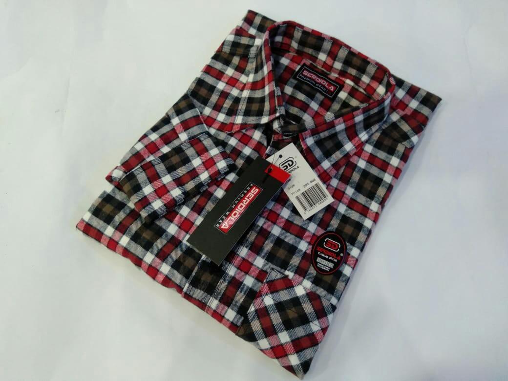 Kemeja Flanel Lengan Panjang Pria_Warna Kombinasi Hitam Merah