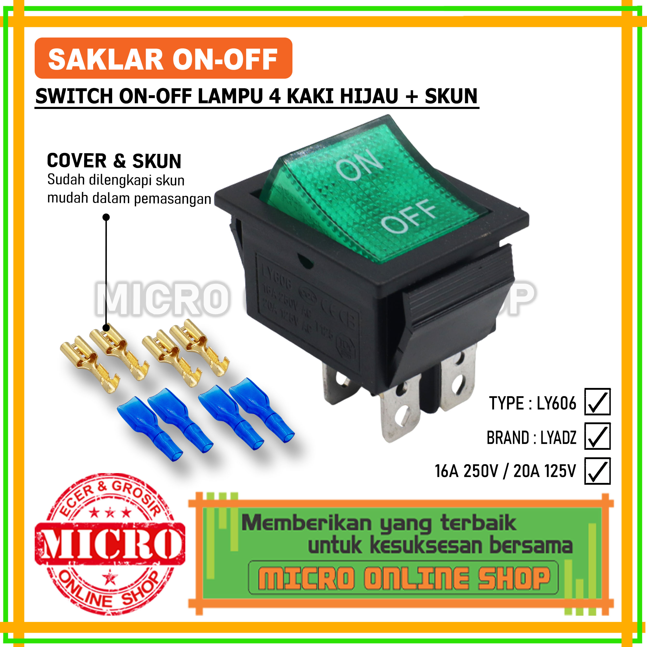 Saklar On-Off Lampu Hijau 4 Kaki + Skun / Switch On-Off Lampu 4 Pin ...