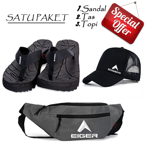 tas selempang pria eiger/ tas charging/ Satu Paket +free Topi dan Sandal/ bisa cod/ size sandal 41