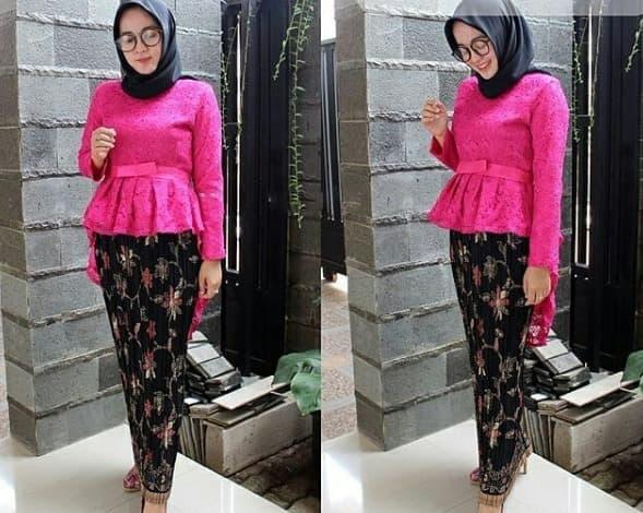 Setelan Kebaya Brukat Aurora Kebaya Modern Baju Batik Wanita Kebaya Pesta Baju Kondangan Mix Rok Plisket - Pink Fanta