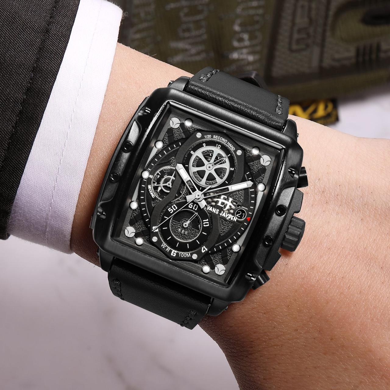 Jam Tangan Pria Tali Kulit Seri 9550 Chrono Dan Tanggal Aktif Tahan Air
