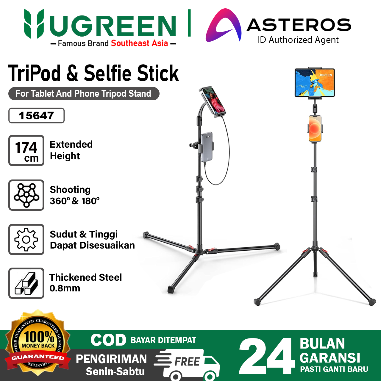 UGREEN Tongsis Tripod HP Tablet Dual Phone Holder 174cm Portable
