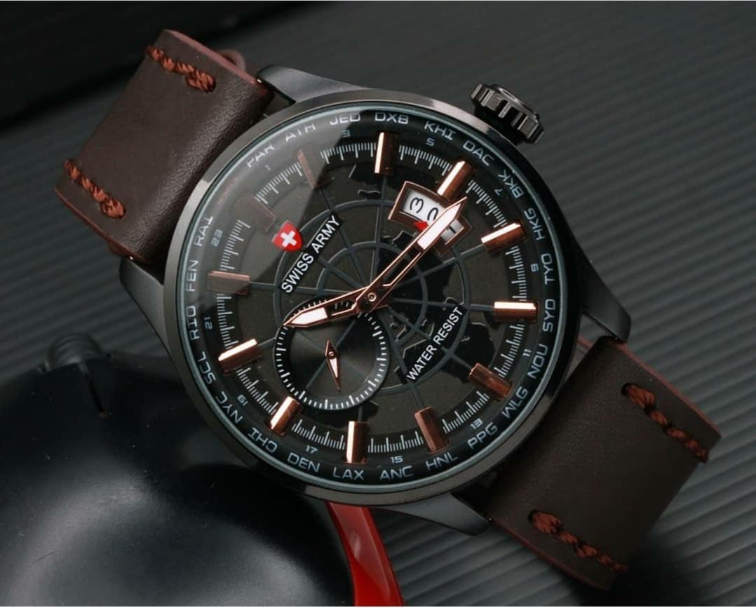 Bisa Bayar Di Tempat (COD) Swiss Army Chrono Detik Samping - Jam Tangan Pria - Keluaran Terbaru - Kasual Dan Modis - Tali Kulit - Tanggal Aktif