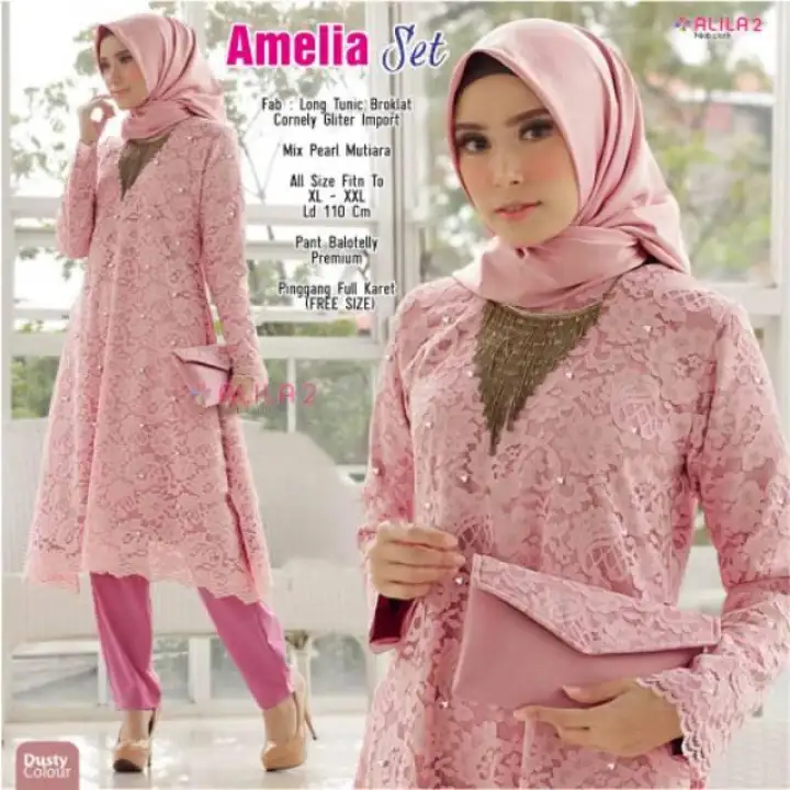 Setelan Baju Kondangan Tunik Muslim Brokat Celana Panjang Amelia Set Original Alila
