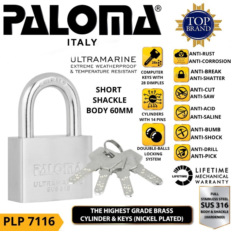 PALOMA PLP 7116 Gembok Padlock 60MM SHORT Anti Cut STAINLESS SUS 316 PALOMA PLP 7116 Gembok Padlock 60MM SHORT Anti Cut STAINLESS SUS 316