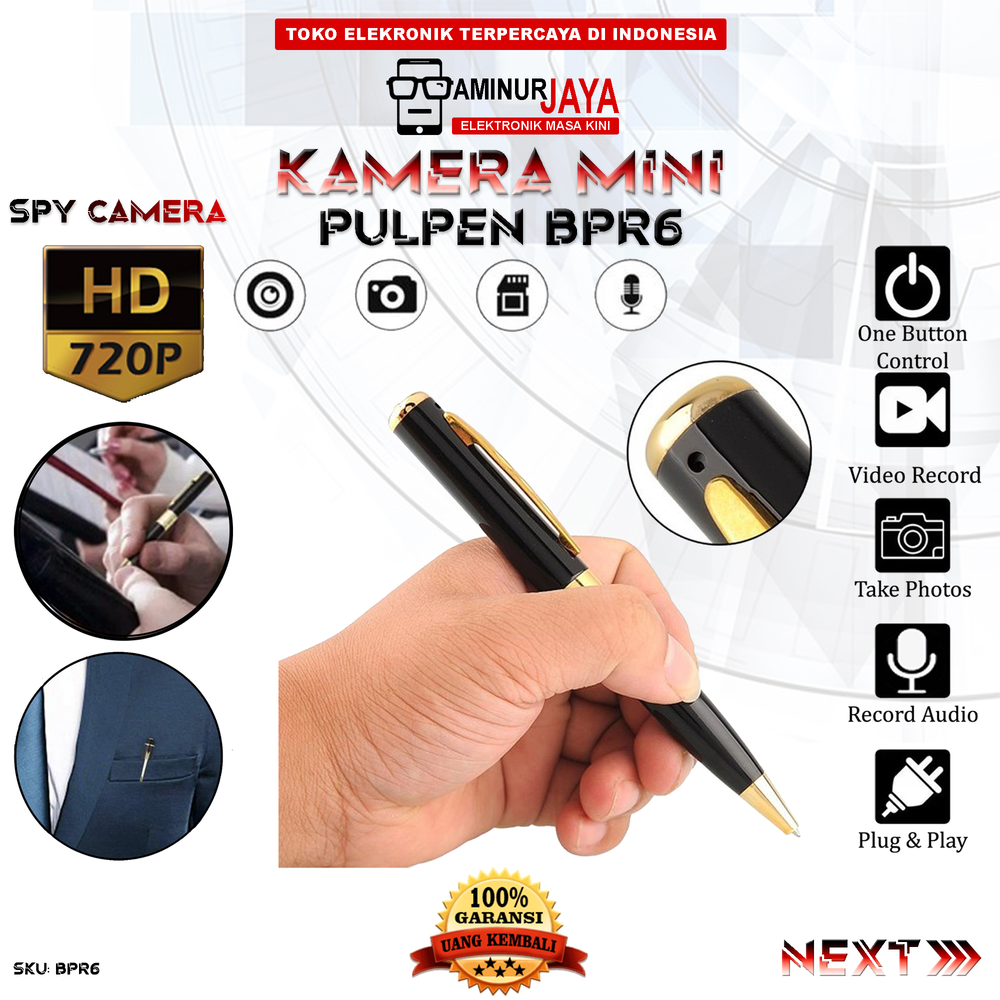 Kamera BPR6 Pulpen Spy Cam Camera Bolpoint Full HD 720P Spycam Pengintai  Pengawas Mini Tersembunyi Model Pen Hidden Spy Cam BPR 6 Recording Vidio  Poto Audio Record Kamera Mata mata Model Pena