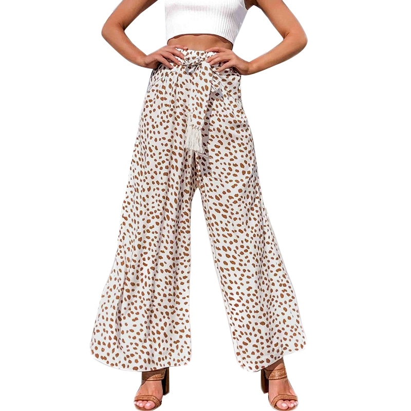 Elegant Leopard Fringed Wide-Leg Pants Women Summer Casual Beach Pants Sexy Belt Pants Bottoming