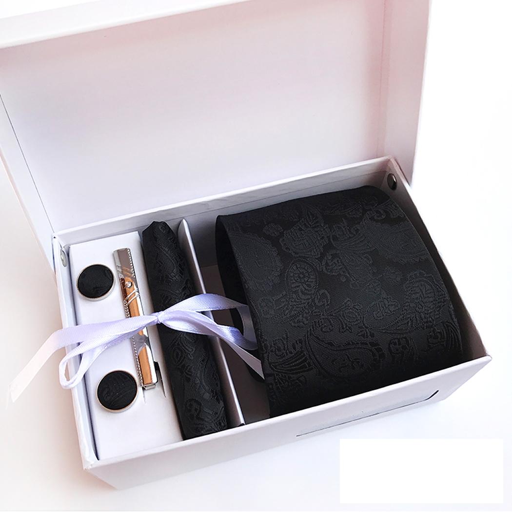 2018 Baru Formal 8 Cm Dasi Set untuk Pria atau Saku Persegi Dasi Klip Saputangan Pria Bergaris Pernikahan Pesta Dasi dengan Hadiah Kotak (Hitam)
