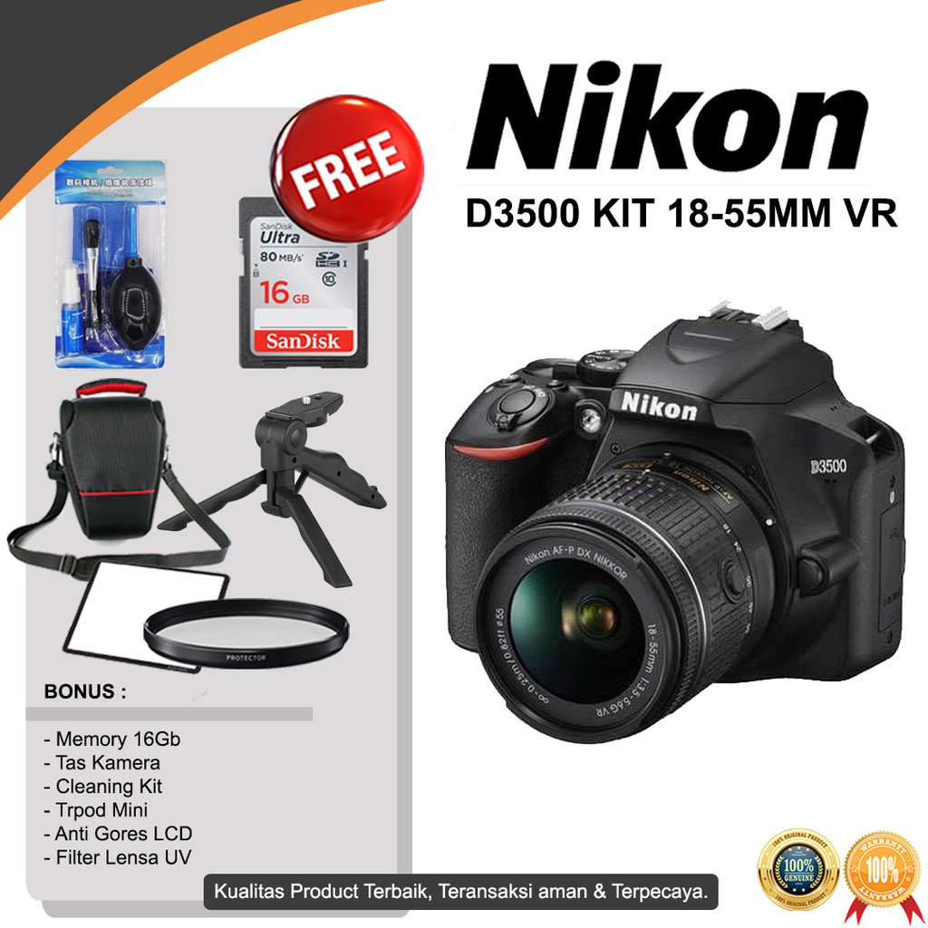 NIKON D3500 KIT 18-55MM VR KAMERA DSLR PAKET BONUS KIT Lazada