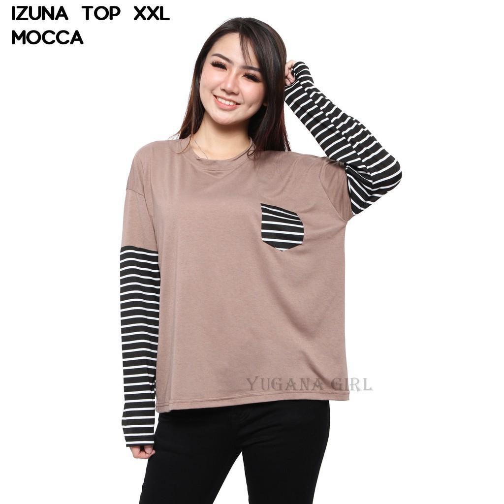 YUGANA - Baju Atasan Kaos Jumbo Kombinasi Lengan Panjang Murah Wanita Kekinian IZUNA