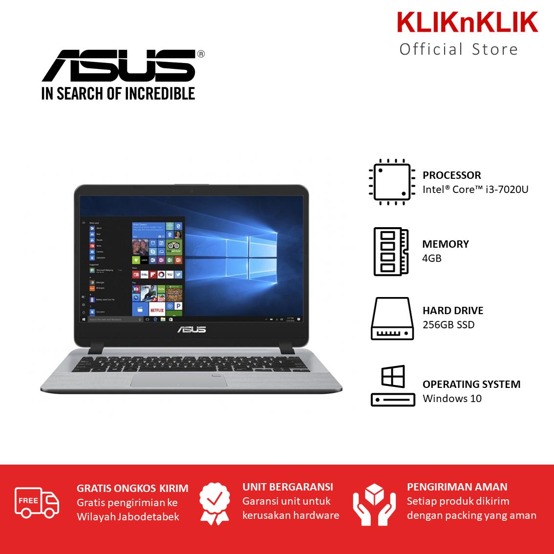 ASUS A407UA-BV319T - RAM 4GB - Intel i3-7020U - SSD 256GB - 14 Inch - Windows 10 - Grey - Laptop Murah
