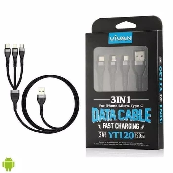 Best Seller! Vivan YT120 3IN1 For iPhone+Micro+Type-C 1.2M Kabel data ori (MAX3A)