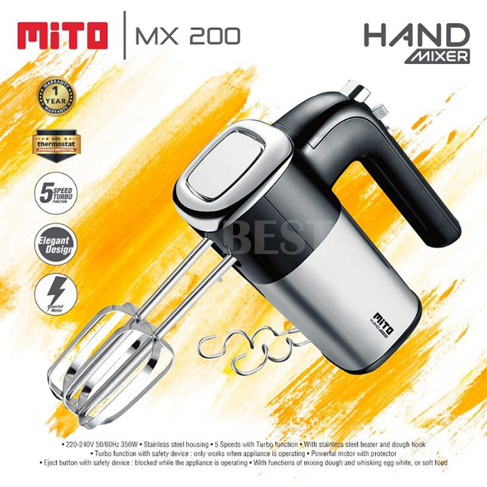 Hand Mixer Mito MX 200 Pengocok Adonan Tangan Stainless Body 5 Speed
