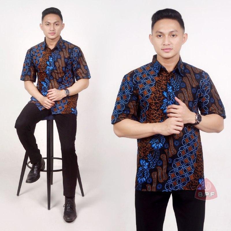Baju Batik Pria Kemeja Batik Lengan Pendek Seno Biru