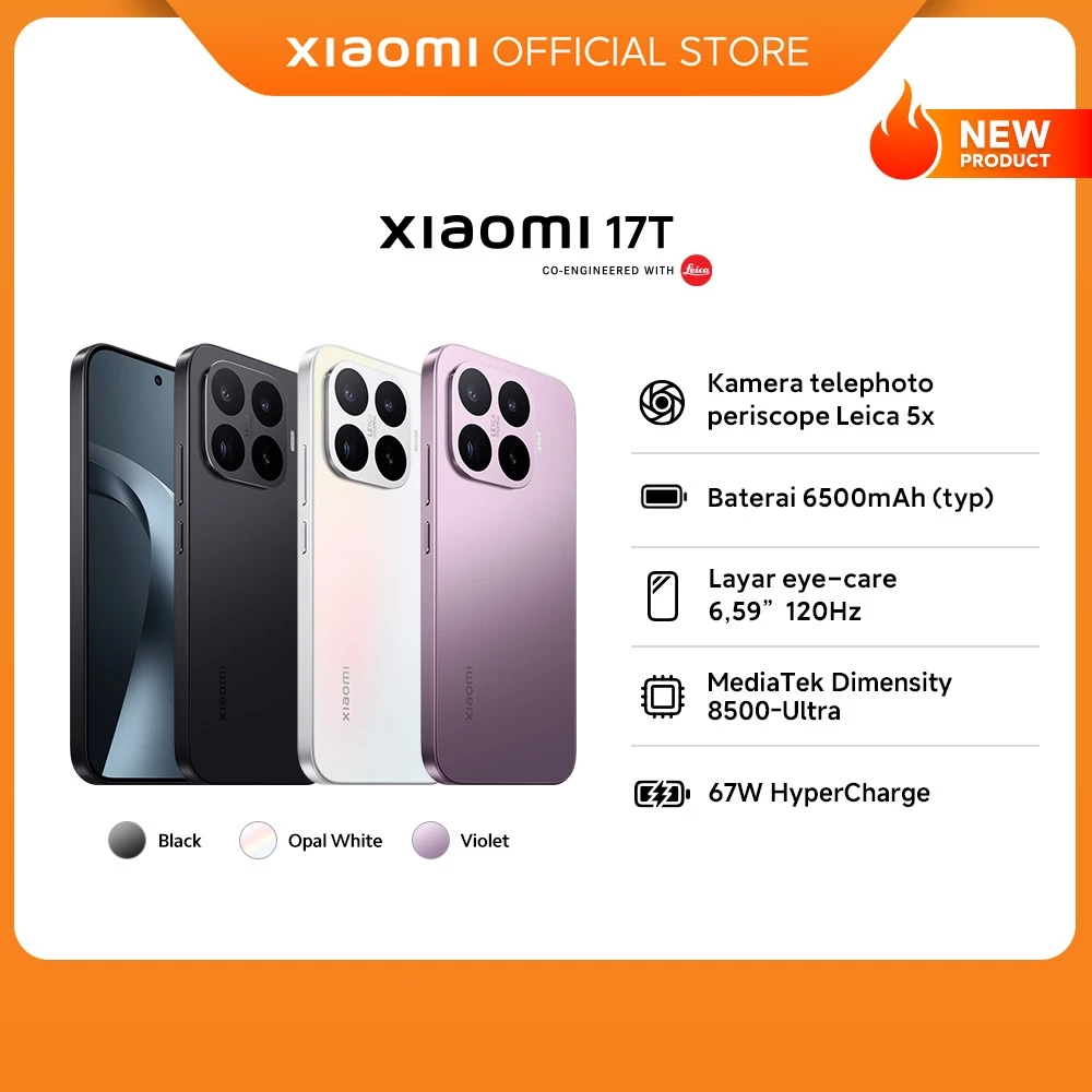 Xiaomi 17T (12GB+256GB) | Kamera telephoto periscope Leica 5x | Baterai 6500mAh (typ) | Layar eye-care 6,59” 120Hz | MediaTek Dimensity | 67W HyperCharge [Xiaomi Official Store]