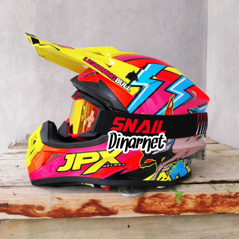 Helm Jpx Cross X27 Lightning Bull Red Fluo Plus Kacamata Goggle