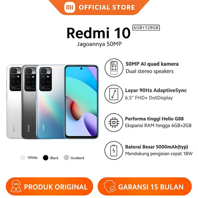 [Penjualan Perdana 22 Sep 10:00 WIB] Xiaomi Redmi 10 (6GB+128GB) Helio G88 50MP AI Quad Kamera Layar AdaptiveSync 6,5" 90Hz 5000mAh