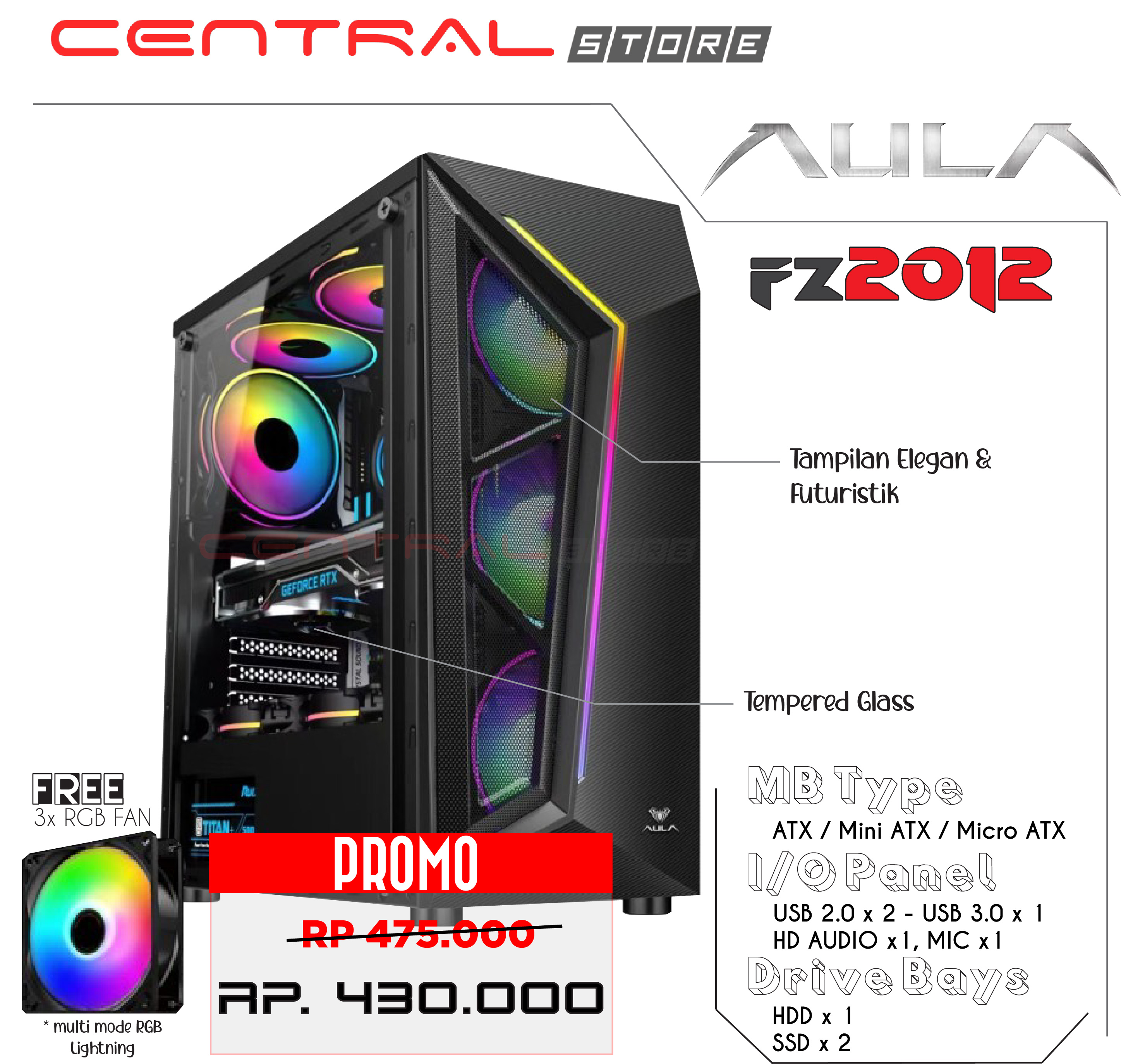 Casing Pc Aula Fz Atx Tempered Komputer Gaming Case Free Fan Rgb Lazada Indonesia