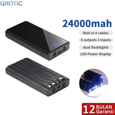GROTIC Power Bank 24000mah 6 Output 3 Input Dual Flashlights Led Power Display 2.1A Fast Charging Kabel Terintegrasi Powerbank GY60