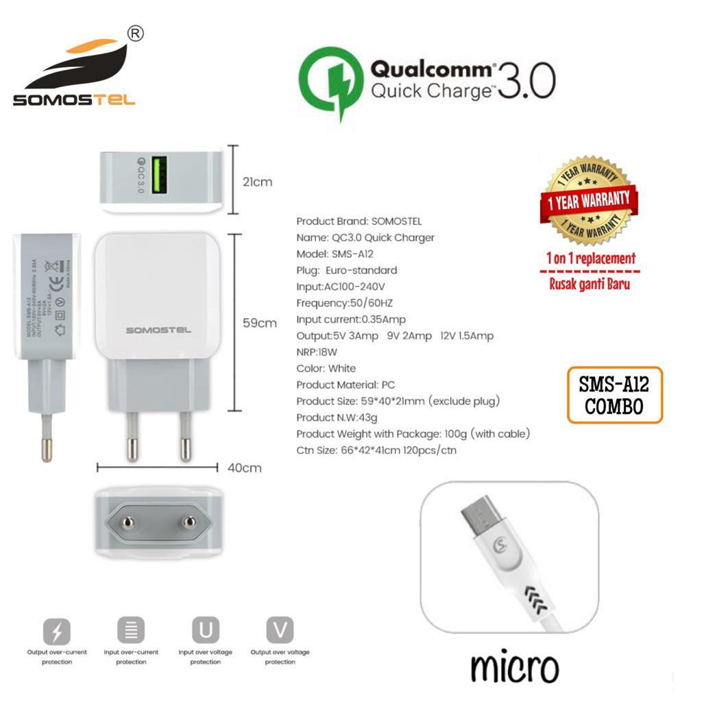 Somostel Travel Charger fast charging+ Kabel usb micro , SMS-A12, garansi resmi 1 tahun, rusak ganti baru + ongkir klaim garansi gratis