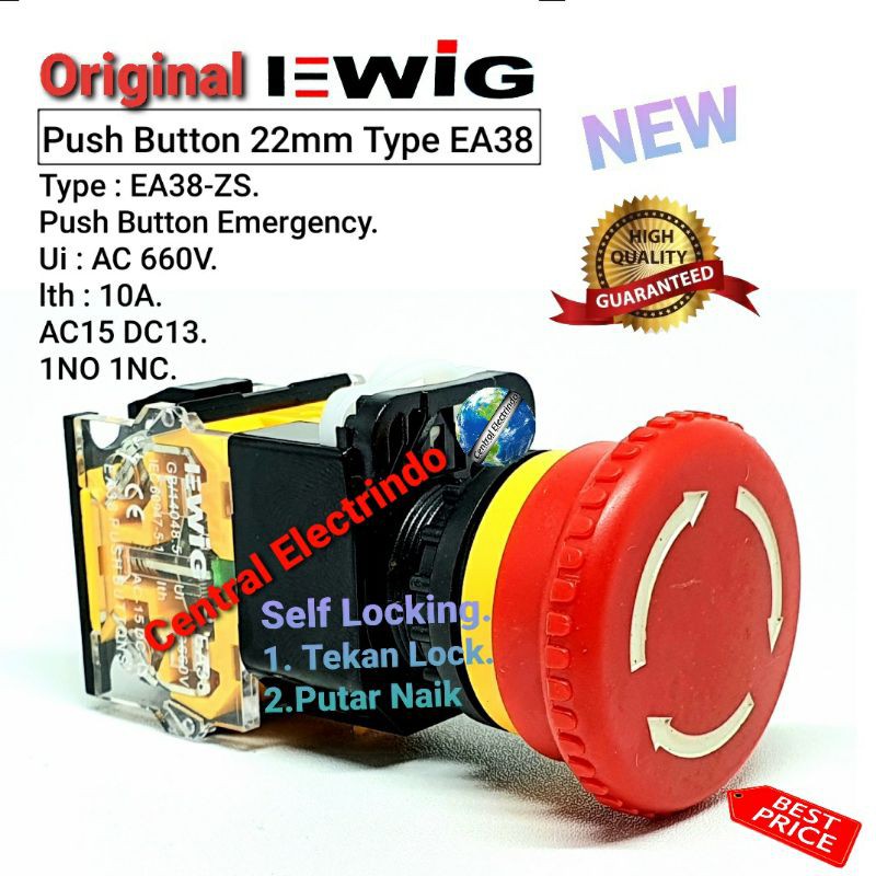 Push Button Emergency Stop EWIG EA38-11ZS Self Locking 22mm 10A AC660V ...