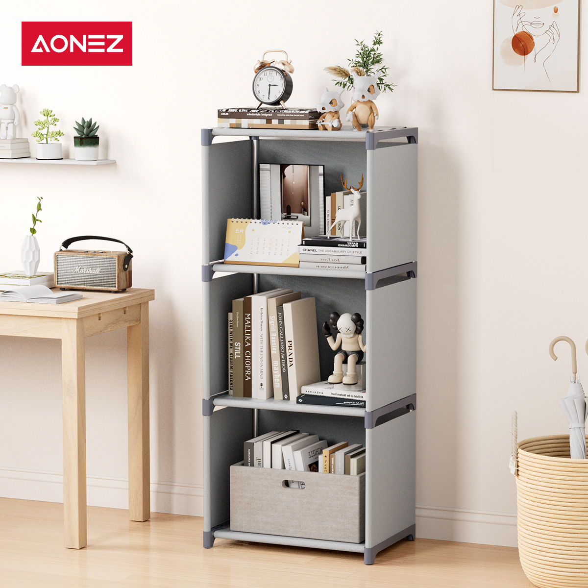 AONEZ Three Grid Four-layer Non-woven Arrangement Shelf Dark Gray/rak ...