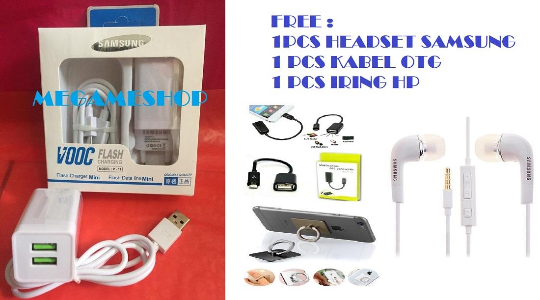 PROMO Stock CHARGER 2 LUBANG SAMSUNG FLASH Gratis Headset + Kabel OTG + Iring HP Handphone / NEW CHARGER 2 USB / CHAGER BARU / CASAN / CARGER / CHASAN / CAS J1 ACE / J2 / J3 / J5 / GALAXY S1 S2 S3 S4 S5 S6 S7 / GRAND PRIME / COLOKAN KAKI BULAT_MGM27