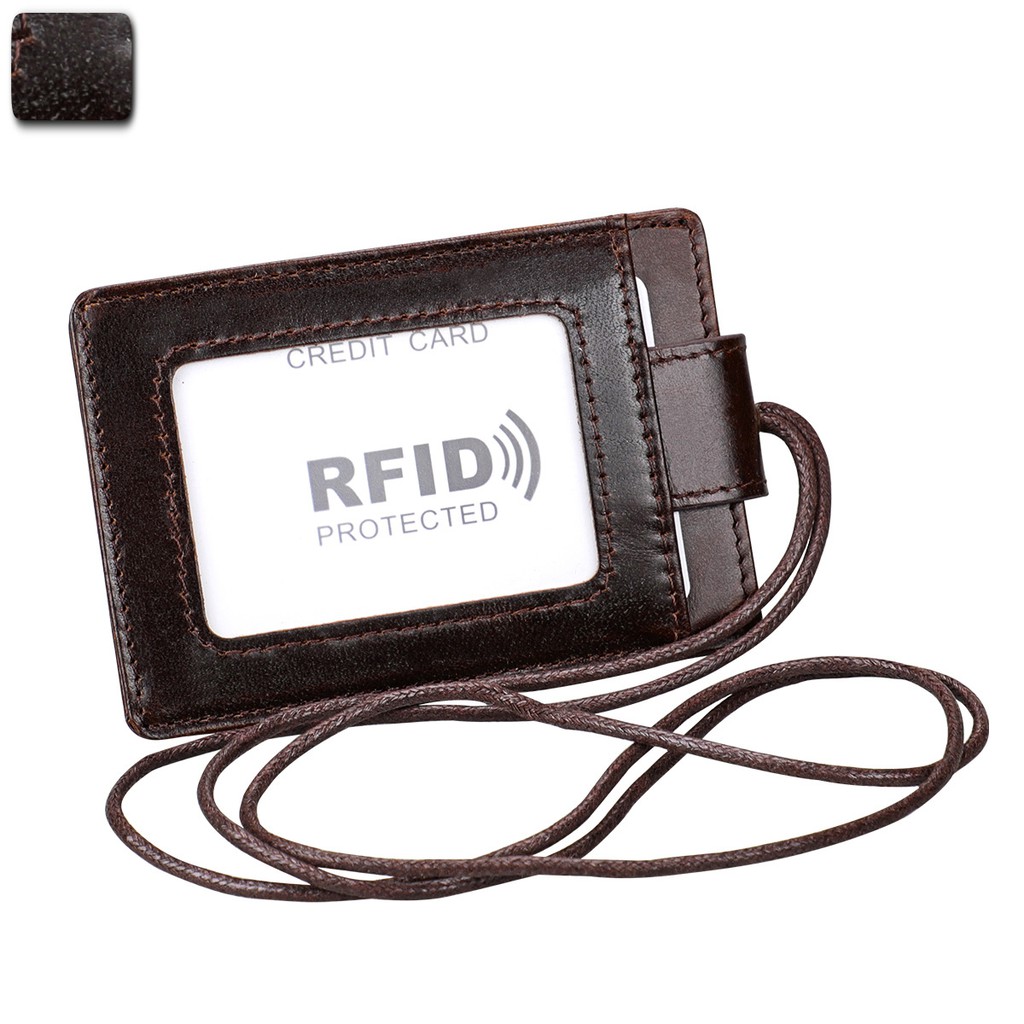 ID CARD HOLDER RFID PROTECTION GENUINE LEATHER LANYARD NAME TAG