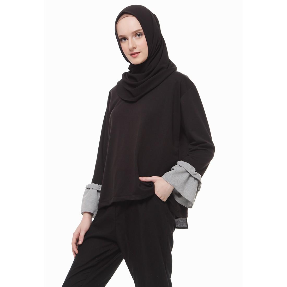 Mybamus Two Tone Lucy Top Black M12482 R10S2 - Baju Muslim - Pakaian Muslim Wanita - Atasan Muslim Wanita Lengan Panjang - Tunic Wanita