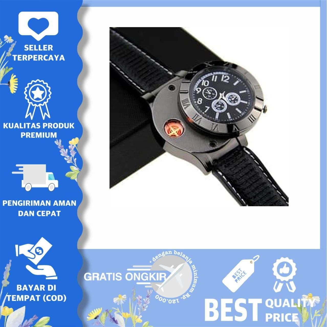 Jam Tangan Pria Korek Elektrik USB Hadiah Api Rokok Quartz Casio - Hitam