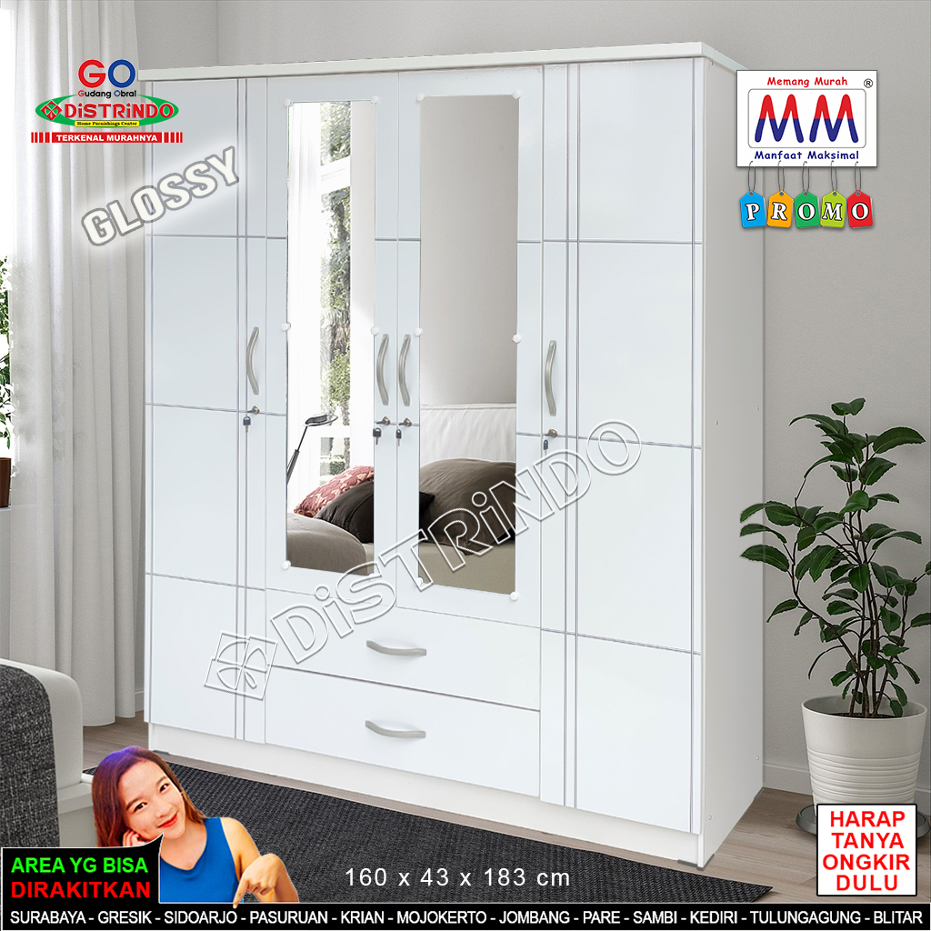 distrindo - lemari pakaian besar 4 pintu 2 laci putih glossy
