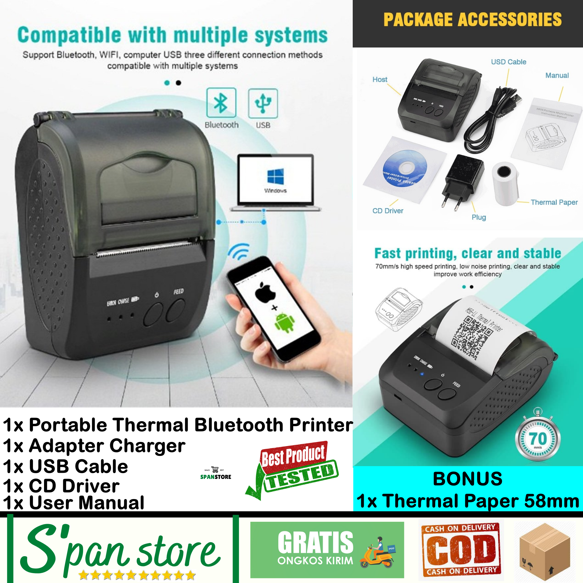 Mini Thermal Printer Bluetooth Portable 