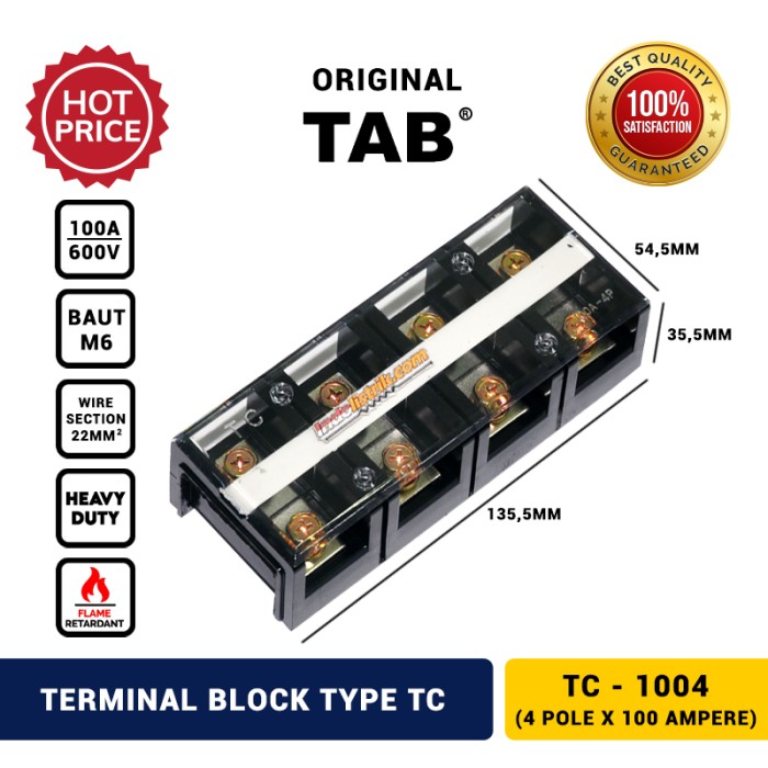 Terminal Blok Kabel 100A x 4Pole Terminal Block TC1004 TAB GROSIR
