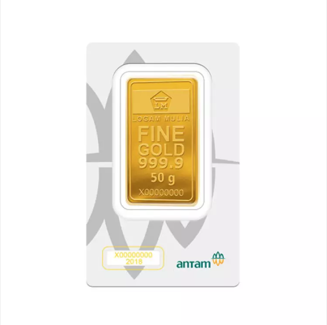 Antam gold bar in a display case
