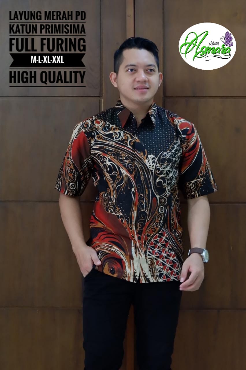 LAYUNG MERAH / Kemeja Batik Dasar Hitam / Kemeja Batik Pria Lapis ...