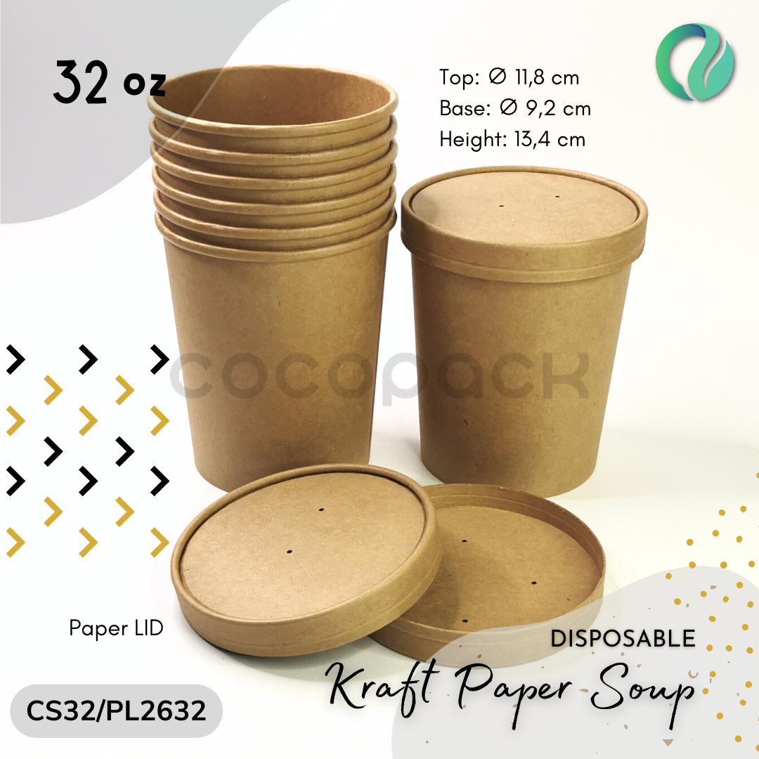 Brown Kraft Paper Cup Soup Bowl + Paper Lid 32oz (10 PCS) Lazada