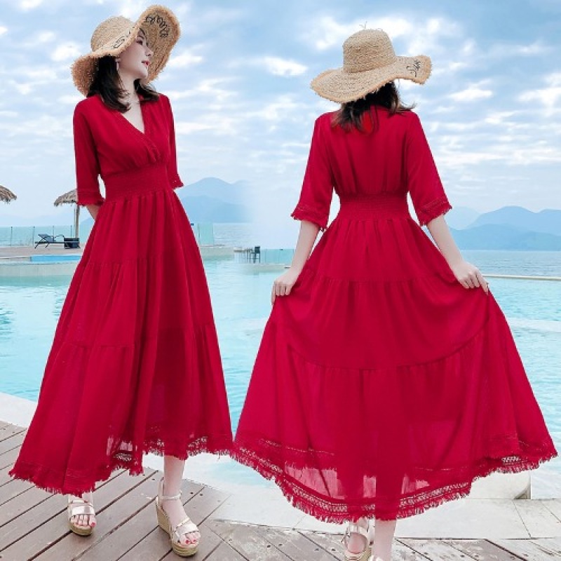 2020 Năm Mùa Hè Mẫu Mới Kiểu Pháp Phong Cách Retro Váy Đi Biển Bó Eo Tôn Dáng Váy Dài Khí Chất Màu Đỏ Giống Nàng Tiên Đầm Nữ