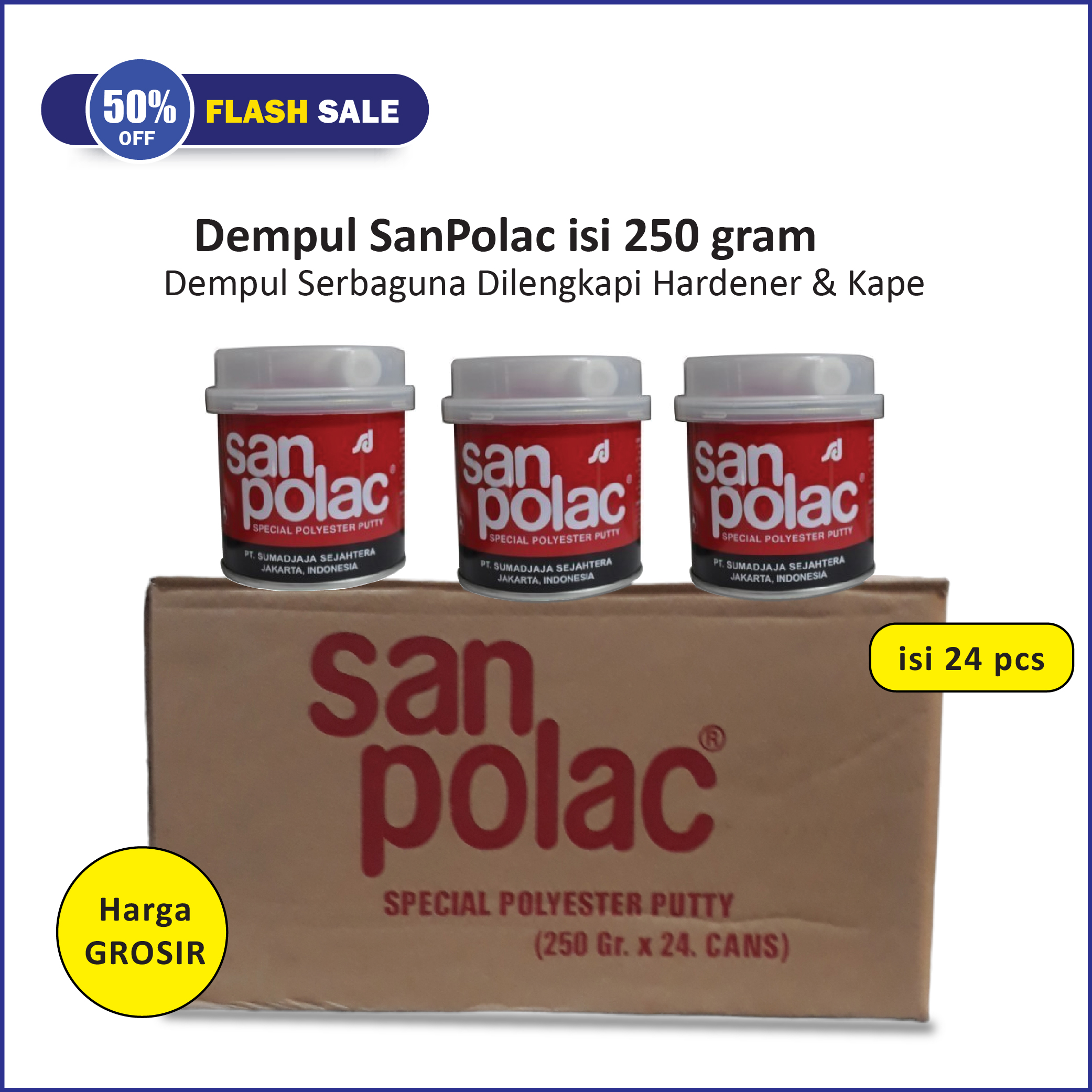 Dempul Besi Kayu Sanpolac 250 Gram 1 kardus Dempul Body Bodi Mobil