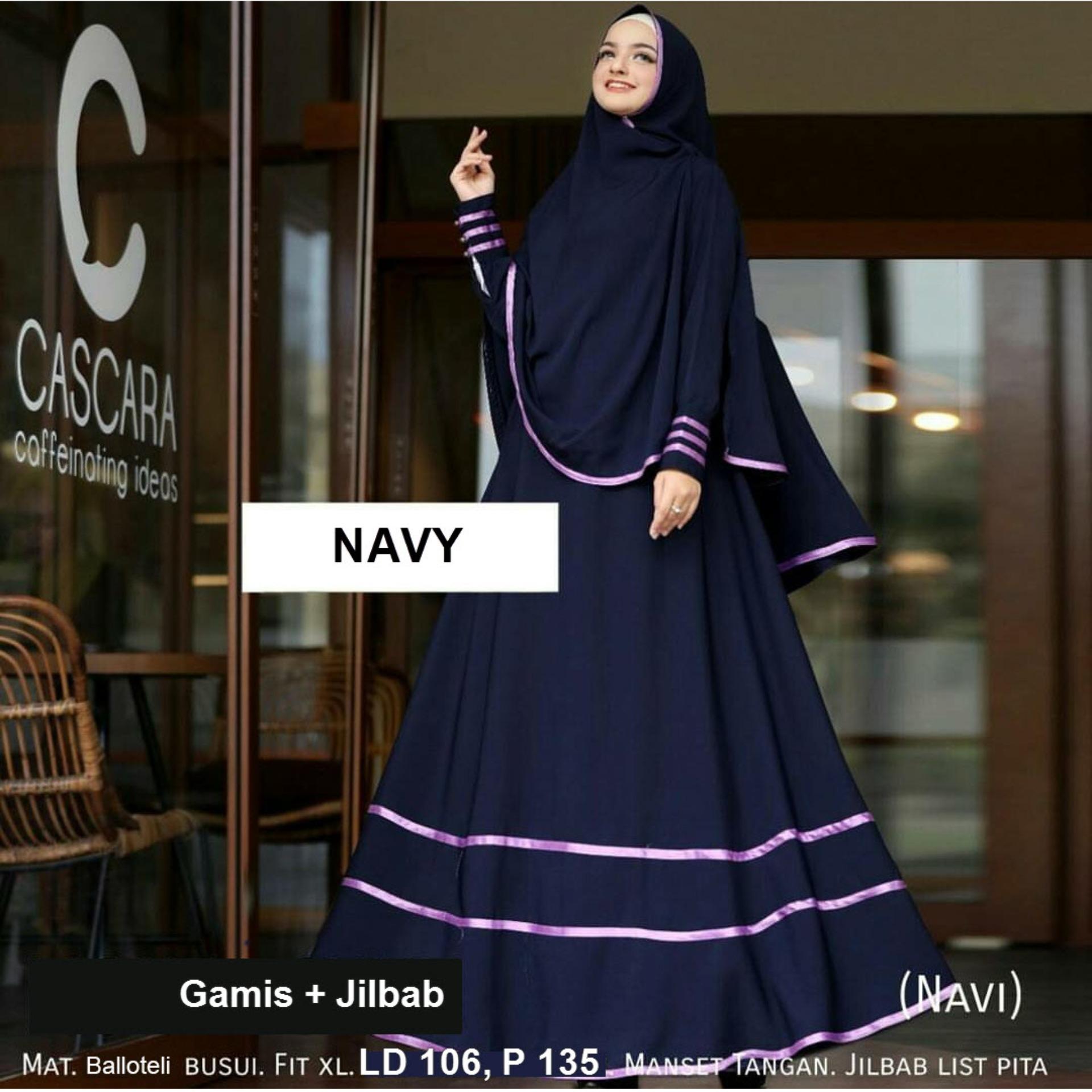 Gamis Syari Busui Plus Jilbab Lis Pita MSR185 / XL Setelan Baju Muslim Wanita Syar'i / Gaun Pesta Muslimah / Maxi Dress Lengan Panjang Tangan Manset Ukuran Besar / Set Pakaian Hijab Instan Kerudung Bergo Khimar / Kzmonza