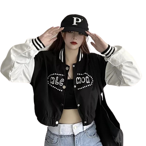 MLC MOM Jaket Baseball Wanita Korea Korea Tiktok Korean Style OOTD Viral Outer Cewek Remaja