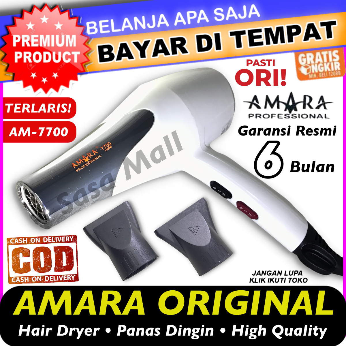 [COD] Amara Hair Dryer AM 7700 Original 1300W Dengan Aroma Therapy dan Ionic Blow Rambut Pengering HairDryer Ion Panas Dingin Pengering Rambut Styling Super Power Garansi Laz COD Bisa Bayar di Tempat Sasa Mall