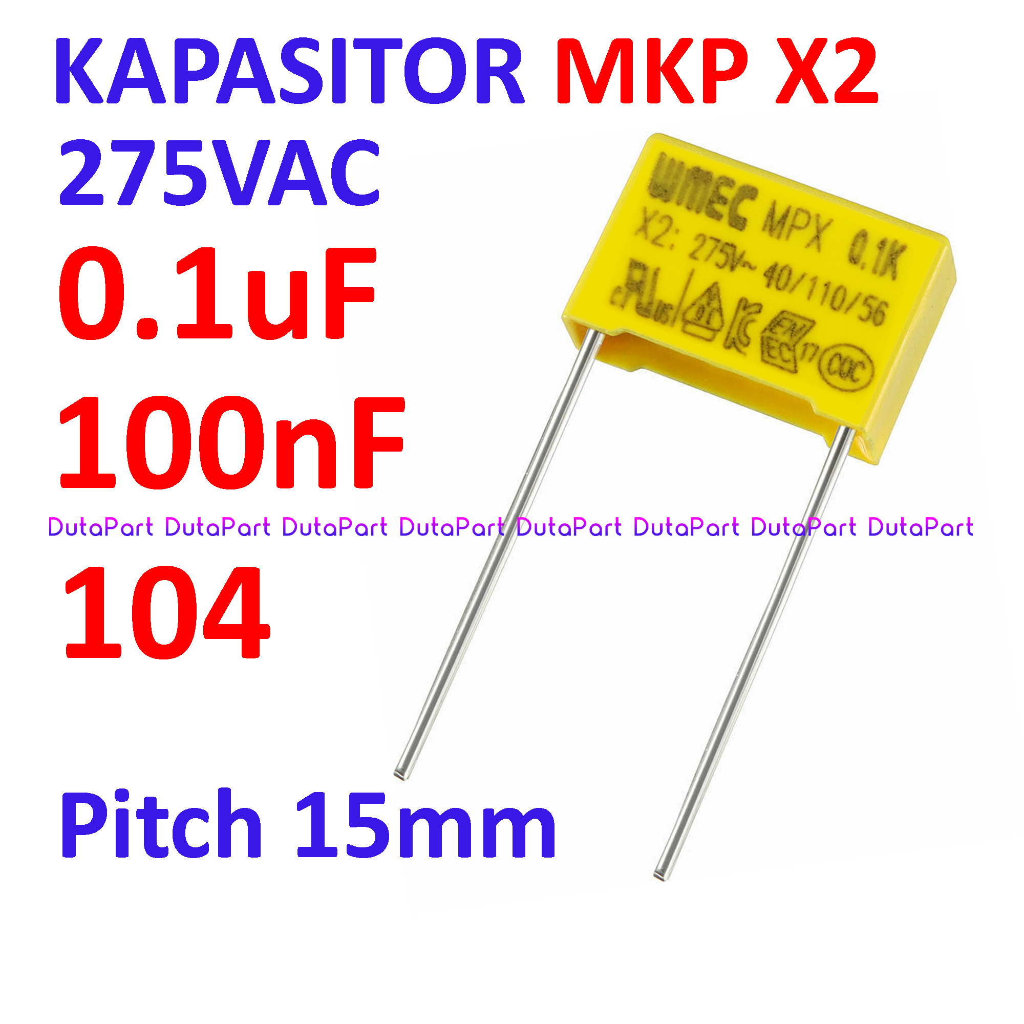 50 PCS 275VAC 0.1uF MKP MPX X2 Pitch 15mm Kapasitor Capacitor 275V ...